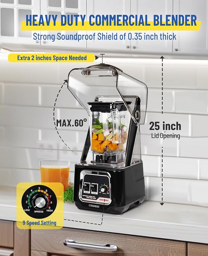 CRANDDI Professional Smoothie Blender 2200W Commercial Soundproof Quiet blender with Removable Soundproof Shield for Crushing Ice MilkShakes Puree Self-Cleaning 50oz 110V K80 (Black)
