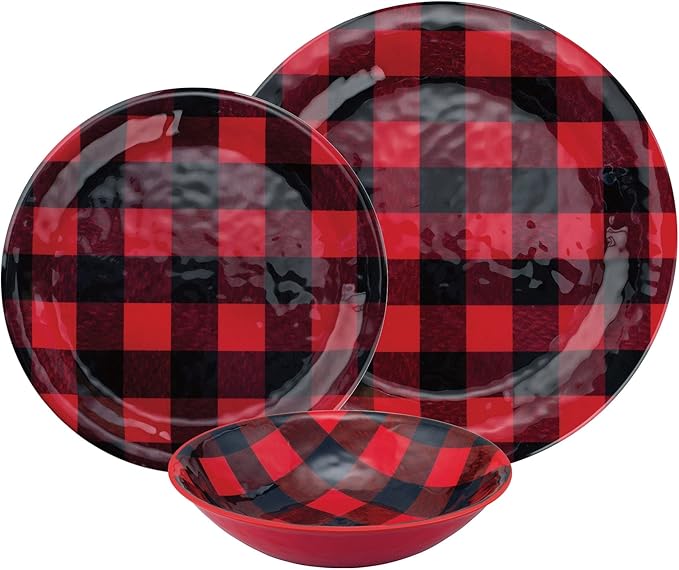 UPware 12 Piece Buffalo Plaid Melamine Dinnerware Sets Outdoor Dishes Set Plates and Bowls Sets Christmas Decorations Service for 4 Red