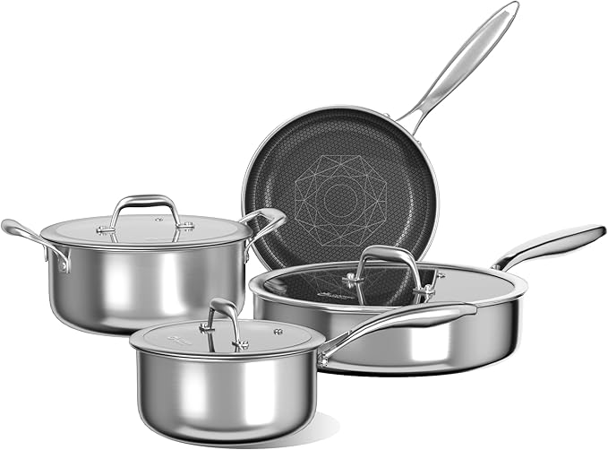 COOKER KING 7 PCS Stainless Steel Cookware Set Pots and Pans Set Non Stick Hybrid CookwareNon-Stick Frying Pan Saucepan Saute Pan &amp Stockpot Non-Toxic Oven Safe Induction Compatible