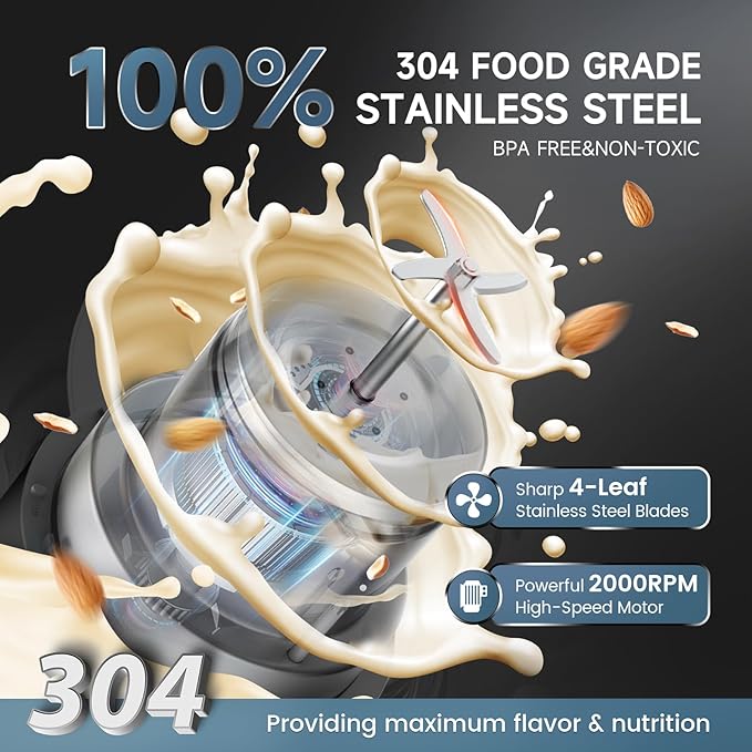 304 Stainless Steel Almond Milk Maker Machine (Built-in Filter) 50oz 6-7 Cups Per Batch 8-IN-1 Cooking Blender Make Plant Based Nut Milk Soy Oat Milk Soup &amp Juice Automatic Cleaning (Black)