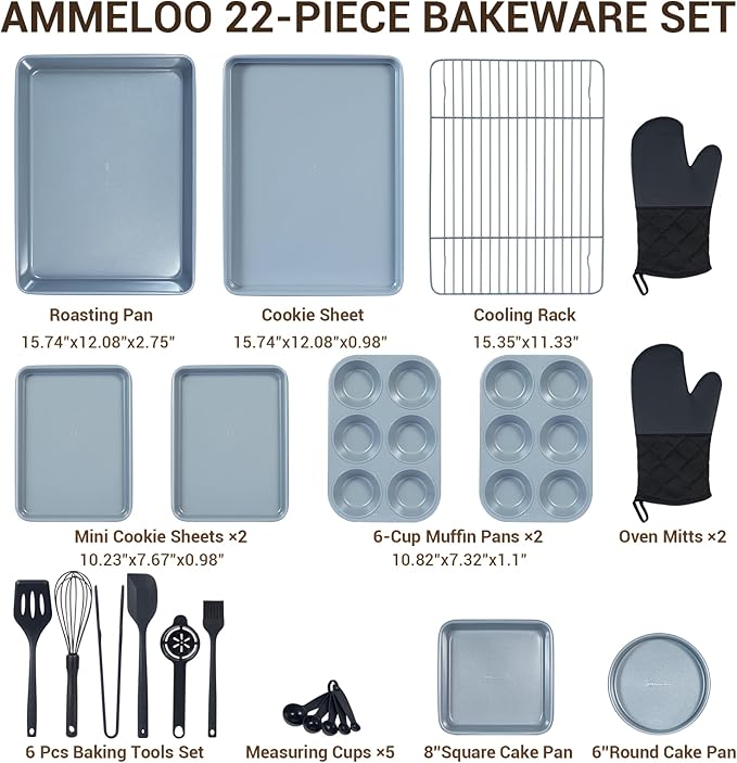 Ammeloo Cream 18-Piece Ceramic Pots and Pans Set &amp Black 22-Piece Baking Pans Set Stackable Bakeware