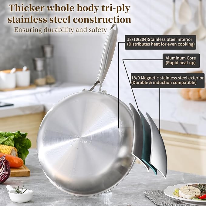 DELARLO Tri-Ply Stainless Steel Pan 18/10 Frying Pan Oven Safe Up to 600°F Nontoxic Cookware Compatible with All Cooktops Skillet Durable Fast Even Heat Fry Pan10+12 inch Pan