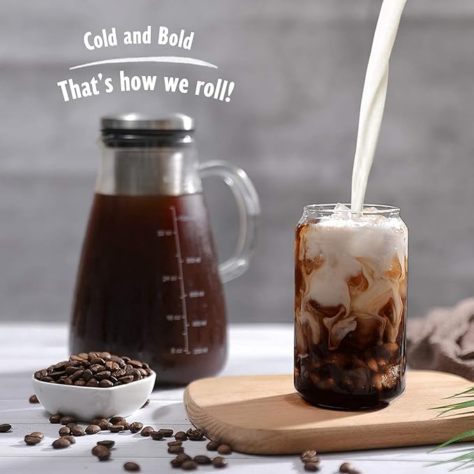 Cold Brew Iced Coffee Maker 34oz Brewed Coffee Pot with Removable Double Mesh 304 Stainless Steel Filter BPA-Free Cold Brew Pitcher Glass Container Tea Maker