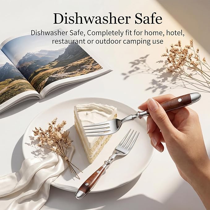 Dinner Forks 8-Pack Stainless Steel Dinner Forks 7.9 Inches with Wood Grain Bakelite Handle For Salad Noodle Dishwasher Safe
