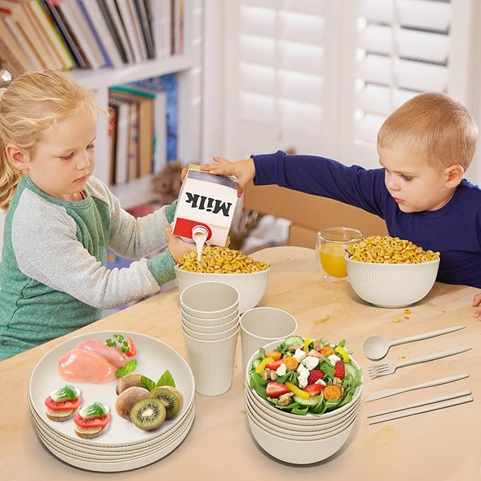 Wheat Straw Dinnerware Sets -DAPIPIK 42 Piece Unbreakable Dinnerware Sets for 6 Kitchen Plates and Bowls Set Lightweight Camping Plates Cups and Bowls Set.Dishwasher Microwave Safe Dinnerware
