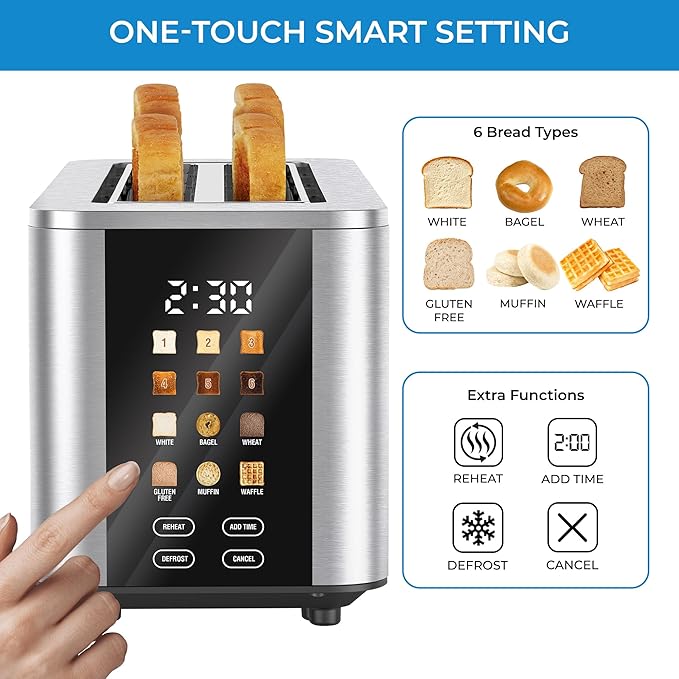 Kenmore 4-Slice Long Slot Toaster - Color Touch Screen &amp 6 Shade Settings Extra Wide Slots Digital Timer Customizable Smart Presets Reheat Defrost Add Time Functions Stainless Steel