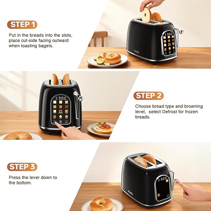 Mecity Toaster 2 Slice Touch Screen Wide Slot Retro Toaster For Breads Bagel Muffin Waffle House Warming Gift New Home 120V 825W Jet Black
