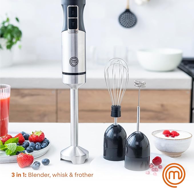 MasterChef Immersion Blender + Knife Set with Whisk &amp Frother Attachments + Covers