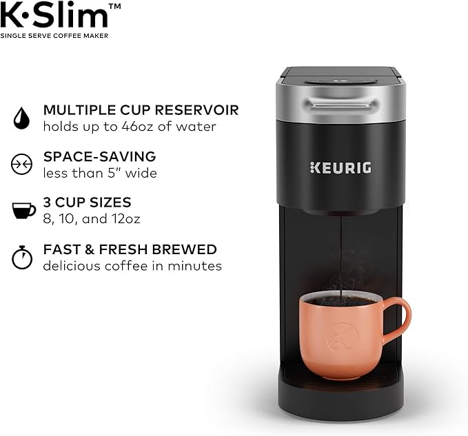 Keurig K-Slim Single Serve K-Cup Pod Coffee Maker Multistream Technology 3 Brew Sizes Slim and Sleek Design 46oz Removable Reservoir Black