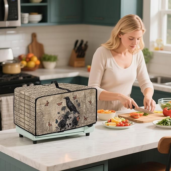 Toaster Oven Dust Cover Crow Butterfly Rose Print Microwave Oven Cover Heavy Duty Bread Maker Machine Covers with Side Pockets Kitchen Small Appliance Protector M