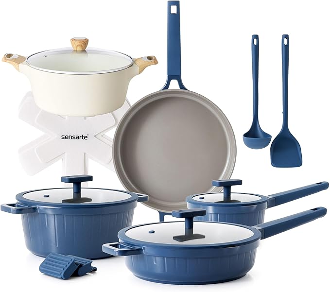 SENSARTE Ceramic Nonstick Cookware Set 15 Piece includes 4.5 Quarts Ceramic Nonstick Stock Pot with Lid