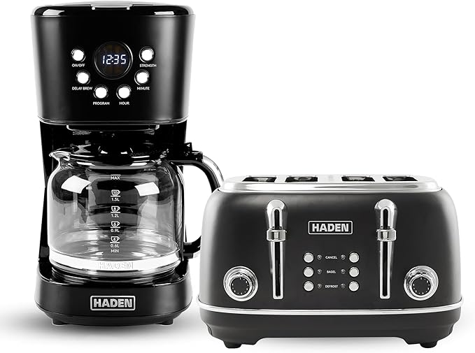Haden Heritage 4 Slice Wide Slot Stainless Steel Toaster Bundled with 12 Cup Programmable Drip Coffee Maker Coffee Machine Black &amp Chrome