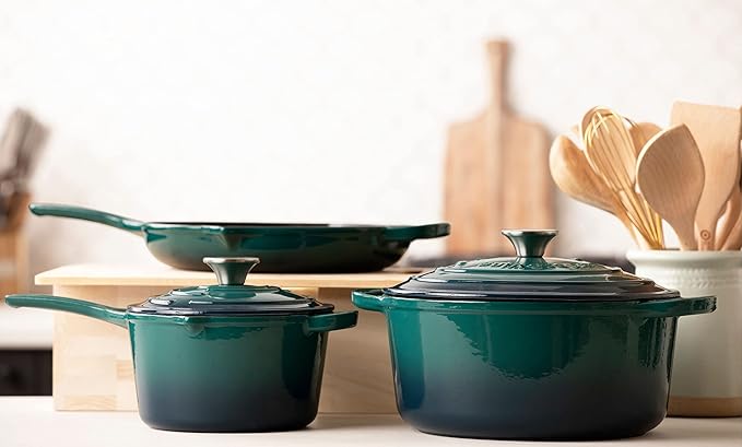 Larder &amp Vine 5-Piece Enameled Cast Iron Cookware Set - Includes 5.7 Quart Dutch Oven with Lid 10.25 Inch Skillet 2.2 Quart Saucepan with Lid (Bondi)