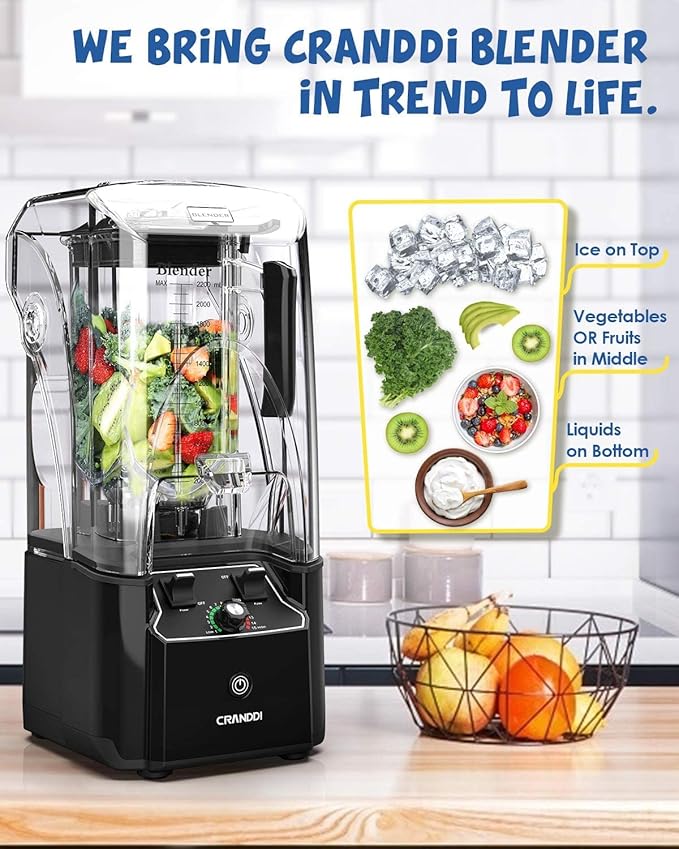 CRANDDI Quiet Commercial Blender with Soundproof Shield 2200 Watt Professional Blenders for Kitchen with 80oz Jar and Self-Cleaning High-Speed Blenders K90 Black
