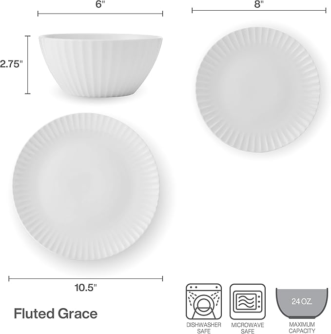 Pfaltzgraff Fluted Grace 24 Piece Porcelain Plate and Bowl Dinnerware Set Service for 8 Fluted Design Durable for Everyday Use White