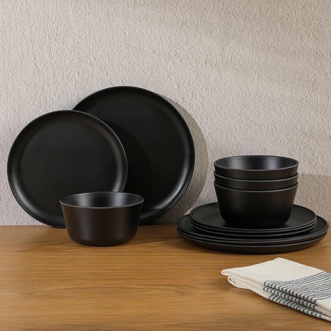 Gibson Home Fairhope 12-Piece Matte Black Melamine Dinnerware Set – Durable Lightweight Plates and Bowls Kitchen Dining Set