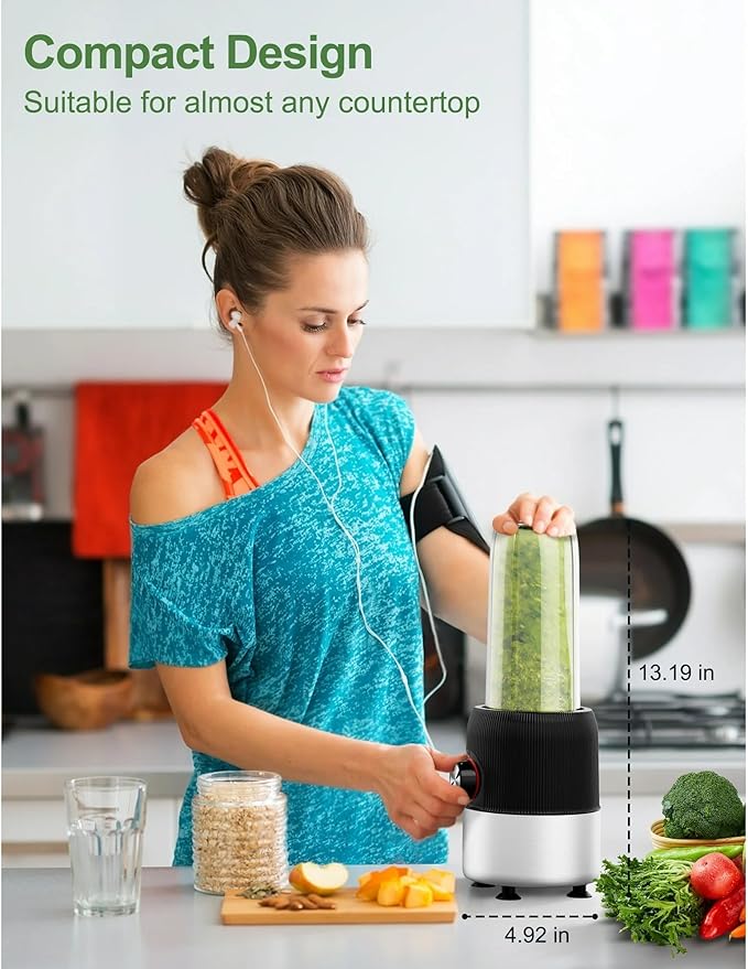 2-in-1 Personal Blender for Smoothies &amp Shakes 500W Portable Blender with 22oz BPA-Free Travel Bottle Coffee &amp Spice Grinder Jar 4-Blade Stainless Steel 3 Speeds Compact &amp Powerful