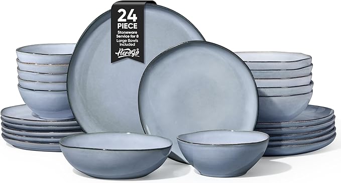 Herogo Stoneware Dinnerware Sets for 6 24 Piece Ceramic Dinner Dishes Set Irregular Handmade Plates and Bowls Dishware Crack and Scratch Resistant Reactive Glaze Smoky Blue