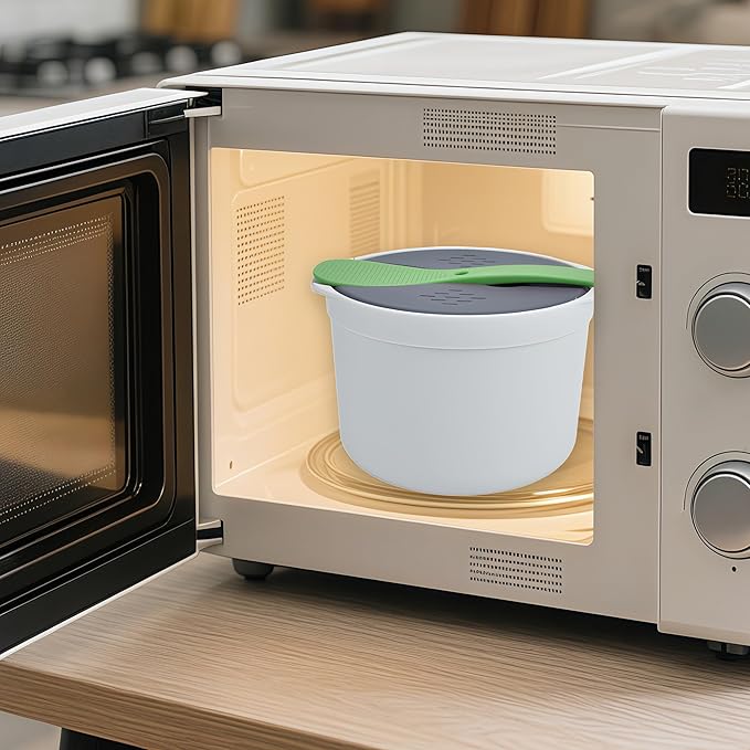Microwave Rice Cooker 2L Microwavable Rice Steamer Pasta Cooker Non-stick Food Grade PP Rice Cookware Full Set with Lid Spatula and Strainer for Home Meal Prep Baking Noodle Vegetable (Green)