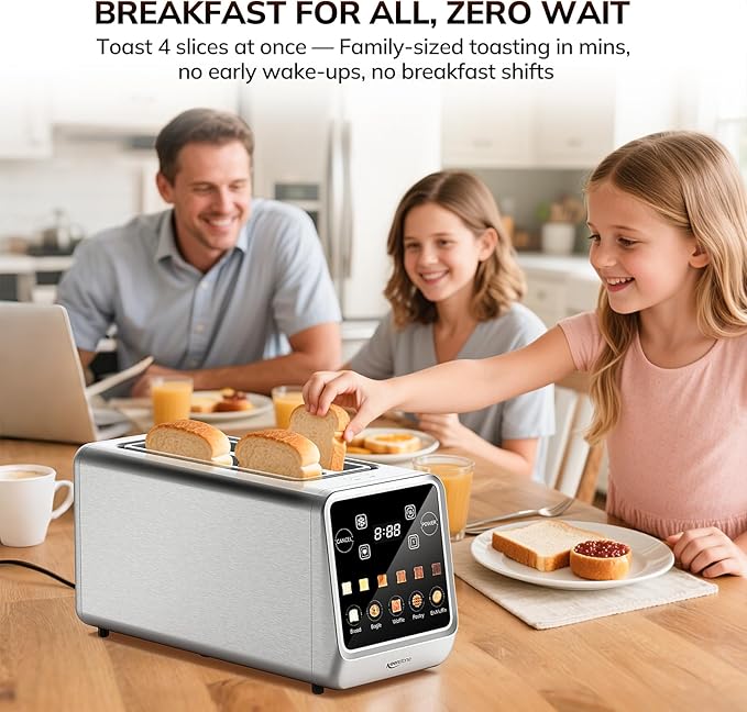 Keenstone Toaster 4 Slice Digital Smart Toaster with TouchScreen Memory Function Single Slot Toasting Timer Reheat &amp Defrost for Bagels Bread Waffles Muffin Stainless Steel Kitchen Essent