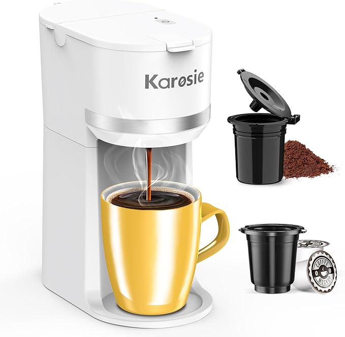 Single Serve Coffee Maker for K-Cup and Ground Coffee Fast Brew 6-12 oz Brew Sizes One Cup Coffee Machine Fits 5.5 Mugs One-Button Small Coffee Maker with Descaling ReminderWhite
