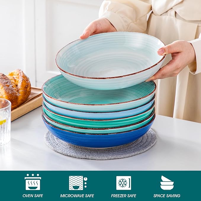 vancasso Bonita Pasta Bowls Set of 6 50oz Large Salad Bowls for Kitchen Stoneware Serving Bowls Dishwasher &amp Microwave Safe Blue Bowl Set