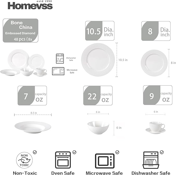 HomeVss New Bone China Dinnerware Set Embossed Diamond Design 48pc Set
