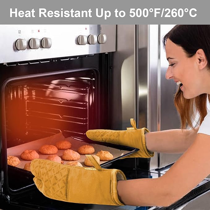 KEGOUU Oven Mitts and Pot Holders 6pcs Set Kitchen Oven Glove High Heat Resistant 500 Degree Extra Long Oven Mitts and Potholder with Non-Slip Silicone Surface for Cooking （Orange）