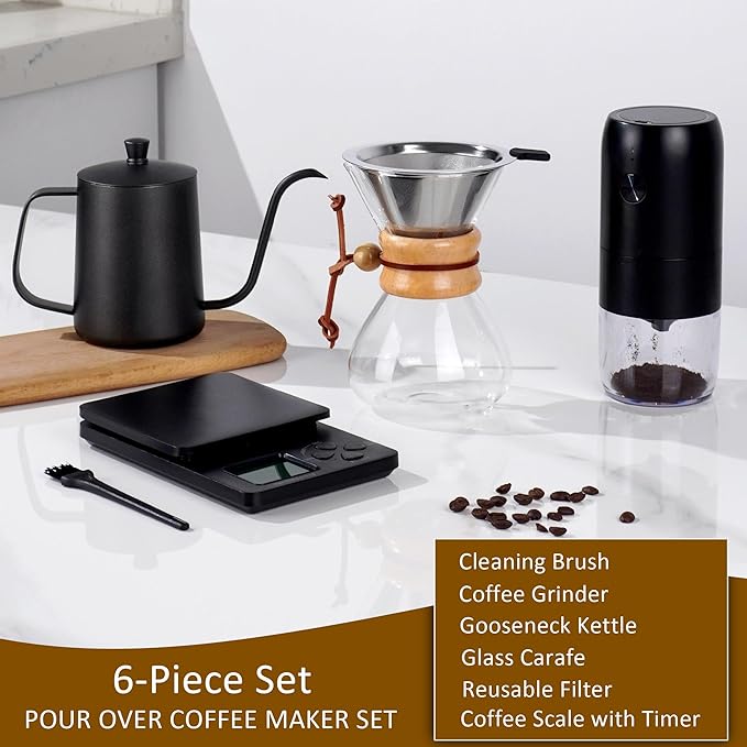 SuperCook Pour Over Coffee Dripper Set Hand Drip Coffee Maker Set All in One Pour Over Kit with Electric Grinder Coffee Dripper Set Ideal for Anniversary Birthday Gift