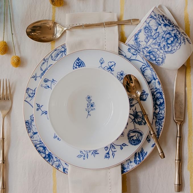 Blue Rose Plates and Bowls Sets Dishes Set for 4 Ceramic Plates and Bowls Set Service for 4 Bone China Dinnerware Set Salad Dessert Plates and Cereal Bowls Set Microwave safe by KOKEN
