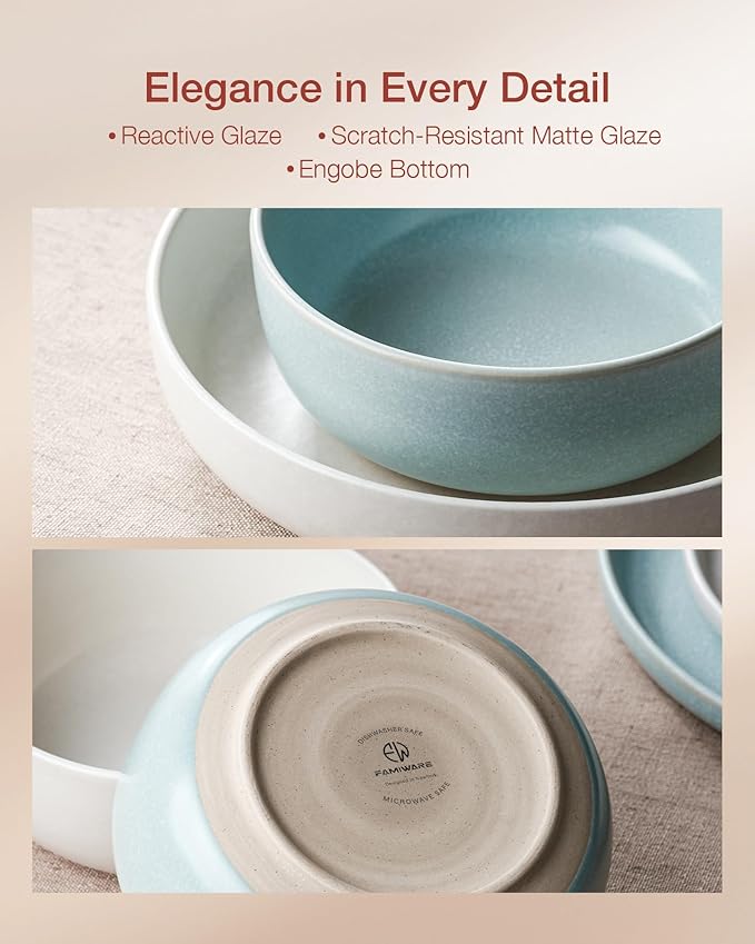Famiware Milkyway Plates and Bowls Sets 12 Pieces Dinnerware Sets Reactive Glaze Dish Set Stoneware Dishes Set for 4 Matte Beige White &amp Light Blue