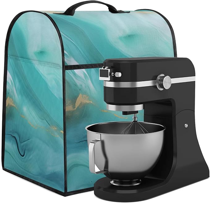 Kitchen Aid Mixer Cover Turquoise Color Background Marble Stand Mixer Cover Compatible with 6-8 Quarts Stand Mixers Dust Covers with Zipper Pocket Foldable Washable Kitchen Aid Organizer Bag