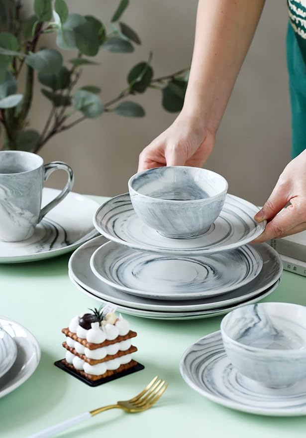 16 Piece Marble Dishes Dinnerware Sets Marble Porcelain Dinnerware Set Grey (4×Dinner Plates 4×Dessert Plates 4×Bowls 4×Mugs 16 Pack)