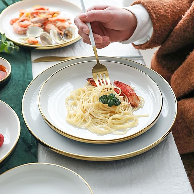 18 Piece Dinnerware Set Service for 4 People Plates and Bowls Sets Round Gold Trim Ceramic Dinner Set Porcelain Dinnerware Set Dish Set Tableware Multiplayer Set Salad Bowl HOM