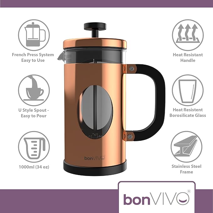 bonVIVO Large French Press Coffee Maker 34 oz – Glass Stainless Steel Coffee Press with Borosilicate Heat Resistant Carafe Reusable Filter Copper Finish Cafetiere for Gourmet Coffee Tea Lovers
