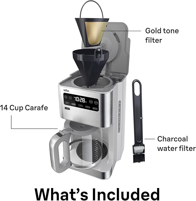 Braun PureFlavor 14‑Cup Programmable Coffee Maker – Fast Brew Speed Touch Display Bold &amp Brew‑Over‑Ice Modes FlavorCarafe &amp Adjustable Warm Plate White