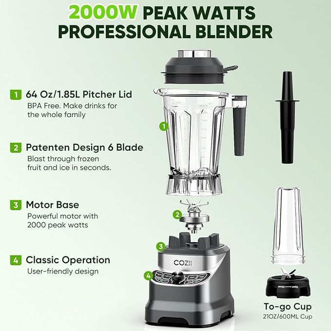 COZII Professional Blender 2000W Smoothie Countertop Blenders for Kitchen 64 Oz Pitcher/21-Oz To-go Cup 7 Preset Programs for Ice Crush/Frozen Drinks/Dips/Nut Butter High Speed Dishwasher Safe
