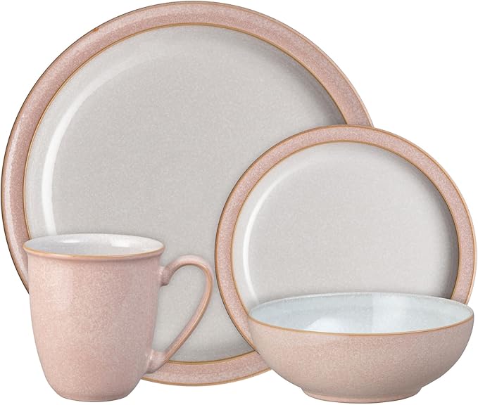 Denby - Elements Sorbet Pink Dinner Set For 1-4 Piece Ceramic Tableware - Dishwasher Microwave Safe Crockery Single Place Setting - 1 x Dinner Plate 1 x Small Plate 1 x Cereal Bowl 1 x Coffee Mug