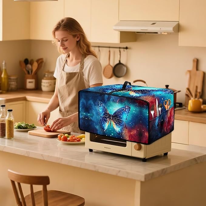 Toaster Oven Dust Cover with Accessory Pockets Neat Storage and Protection with Organizing Side Pockets for Kitchen Toaster Oven Appliances Decor Blue Butterfly