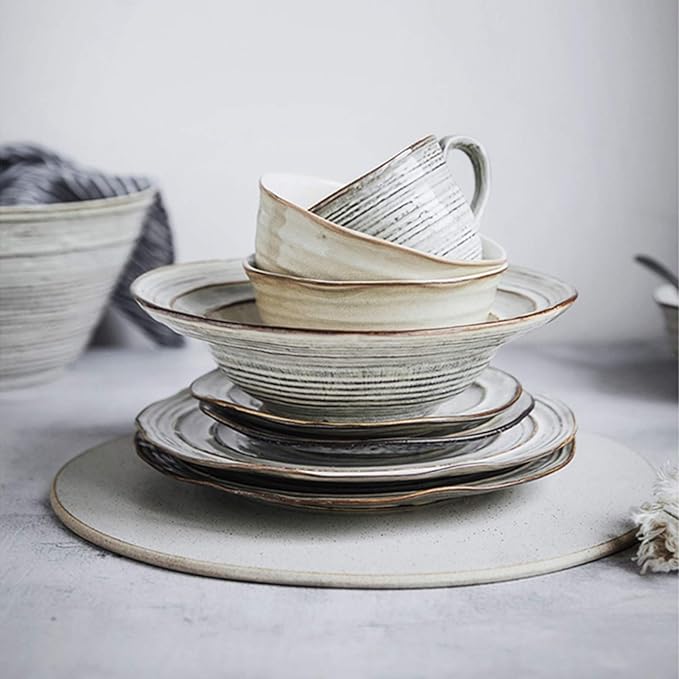 Ceramics Dinner Sets Retro Steak Plates and Cereals Bowls Sets | 36 Pieces Gradient Thread Porcelain Dinnerware Combination Set for Wedding Gifts and Restaurant