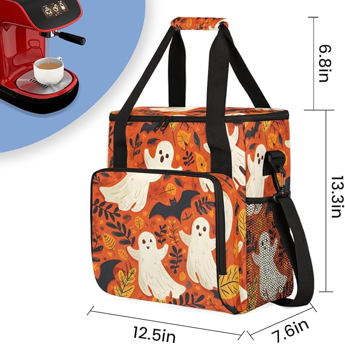 Spooky Ghosts Coffee Maker Carrying Bag Magical Ghosts Travel Storage Bag Compatible with K-Mini or K-Mini Plus Single Serve Coffee Brewer Carrying Case with Multiple Pockets &amp Shoulder Strap