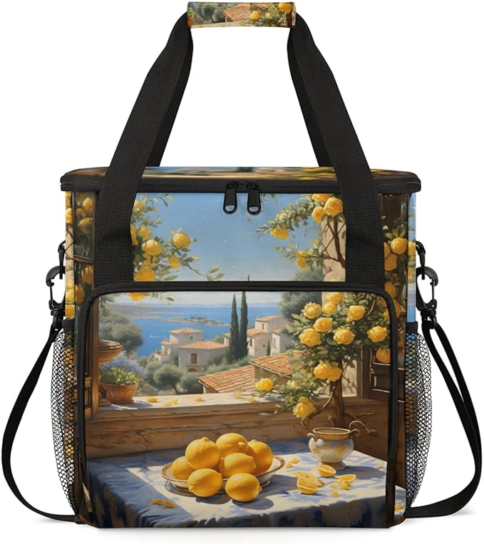 Seascape Lemon Coffee Maker Travel Bag for Keurig K-Mini/K-Mini Plus Insulated Waterproof Tote with Pockets for K-Cup Portable Single-Serve Brewer Case