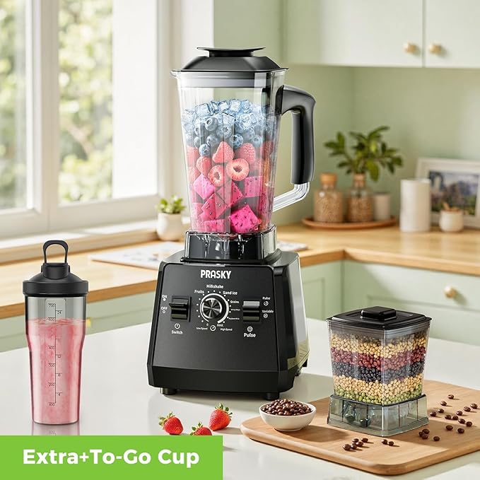 Blender Smoothie Blenders PRASKY Max.2400Watts/1000Watts Kitchen Blender and Grinder Combo 25000RPM Powerful Kitchen 68oz BPA Free 2 Containers Countertop Blenders Ice Crushing