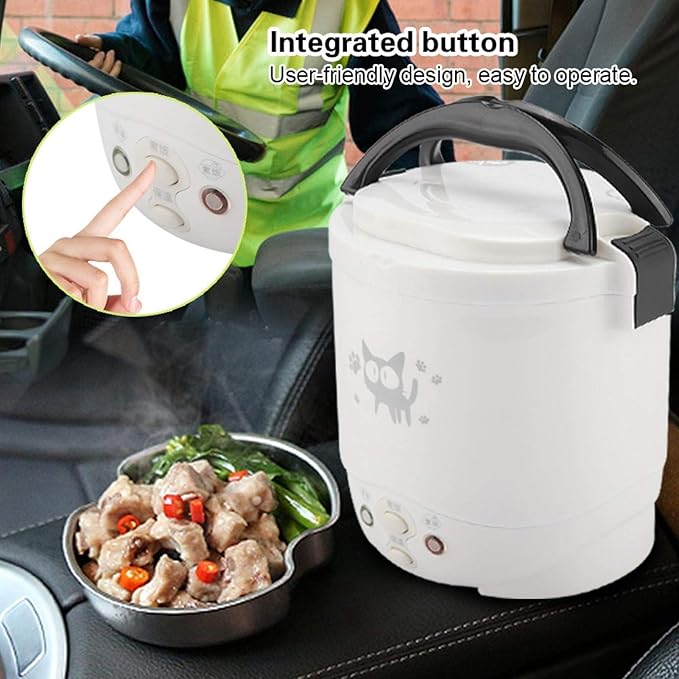 Mini Rice Cooker 12V 100W 1L Portable Electric Multifunctional Rice Cooker Food Steamer Meal Heater Food Warmer for Travel (White)