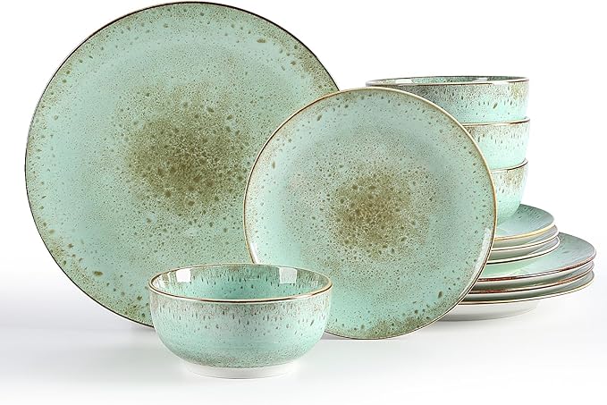 Sweejar Dinnerware Sets Service for 4 12 pcs Porcelain Plates and Bowls for Kitchen Housewaring Gift Chip and Scratch Resistant Dish Set Handmade Dishwasher and Microwave Safe Plate Set Green