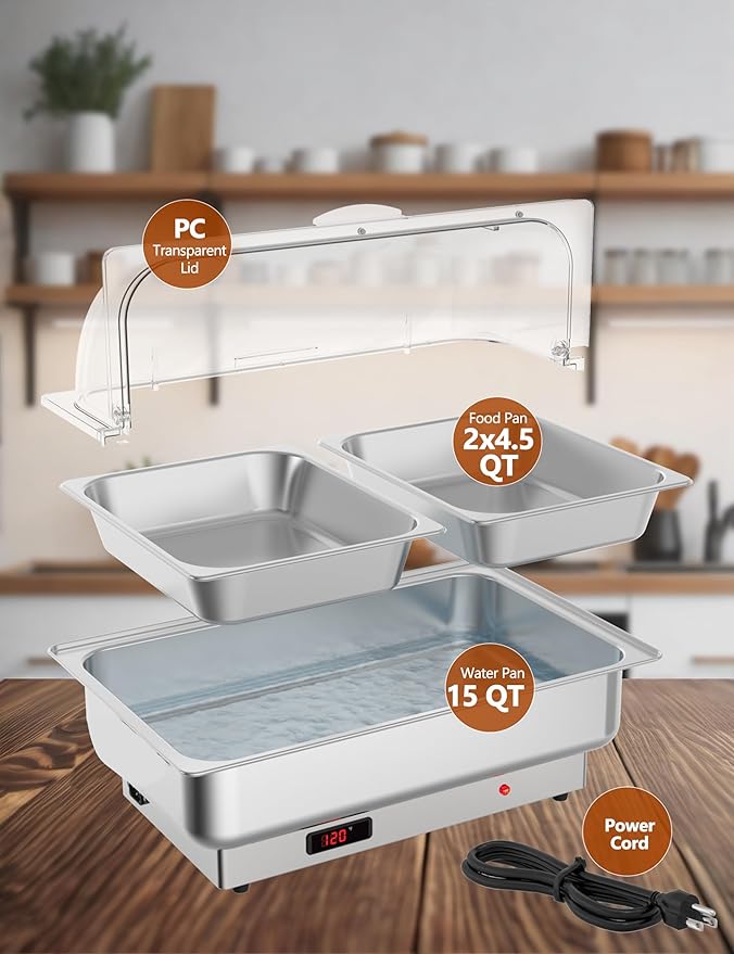 Electric Chafing Dishes Set – 2-Pack 4.5QT Stainless Steel Buffet Servers – Roll Top with Transparent Lid – Adjustable Temperature – Food Warmer for Catering Parties Weddings – 2 * 1/2