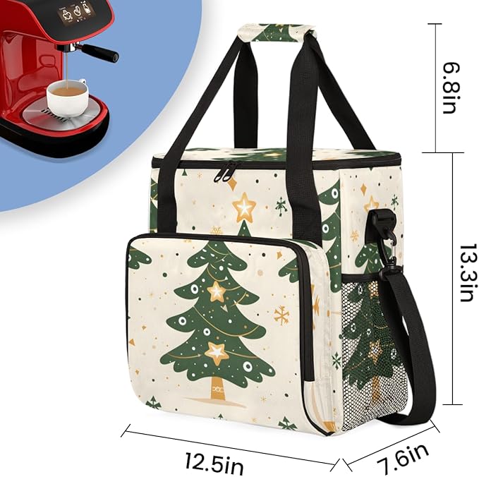 Christmas Festivals Coffee Maker Carrying Bag Bright Tree Travel Storage Bag Compatible with K-Mini or K-Mini Plus Single Serve Coffee Brewer Carrying Case with Multiple Pockets &amp Shoulder Strap