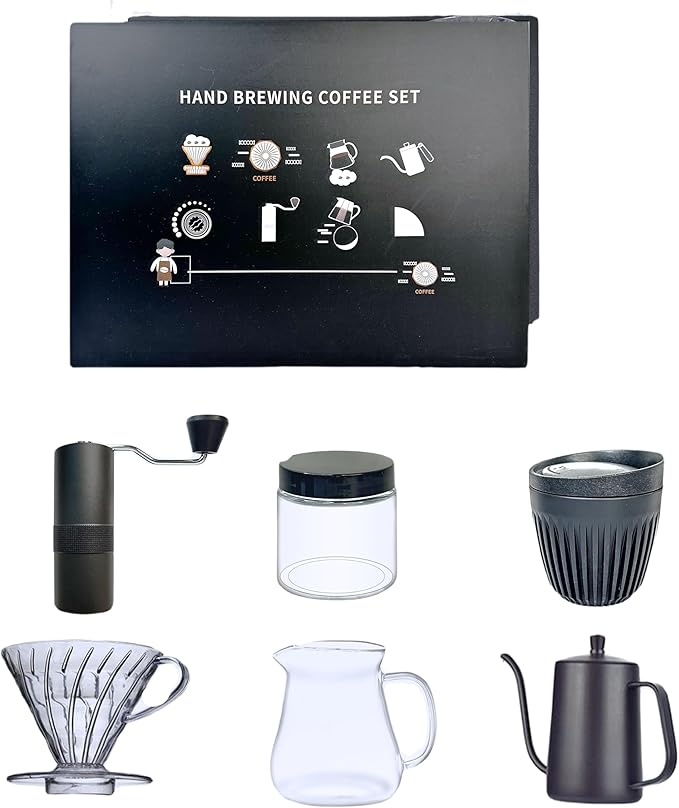 DS&ampDV Coffee Maker SetInclConical Filter Cup Server Pour Over Kettle Cup Manual GrinderHand Brewing for Camping and Traveling Personal Bar (6 in 1 Coffee Makers)