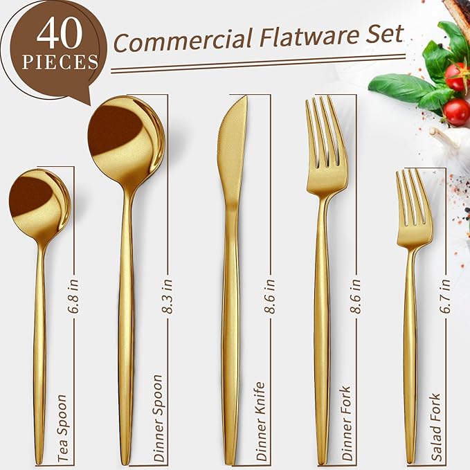 CEKEE Gold Silverware Set 40 Piece Gold Utensils Set Service for 8 Stainless Steel Flatware Set Include Knives Spoons and Forks Cutlery Set for Kitchen Home Restaurant Wedding Satin Finish