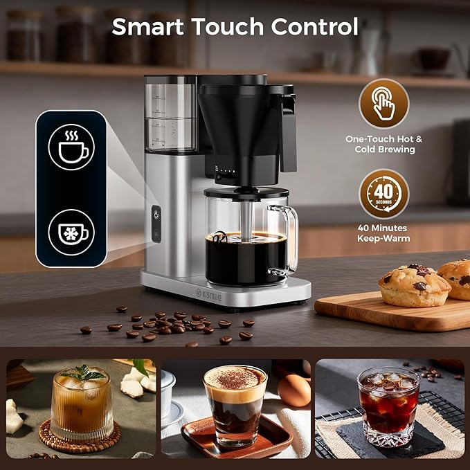 Kismile 8 Cup Drip Coffee Maker Machine Pour Over Coffee Brew with 3s Instant Heat 197-205℉ Removable Water Tank Adjustable Flow Control Deep Cold Brew &amp Keep Warm 40 Min Easy to Clean (silve